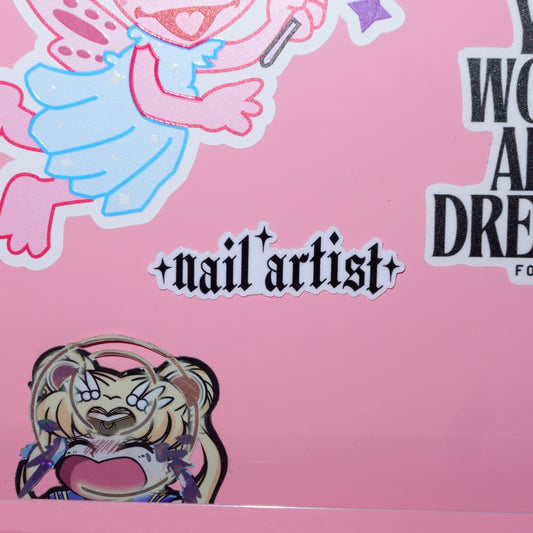 Pink background with anime-style character stickers and text