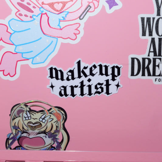 Makeup artist themed pink case with cartoon designs and text